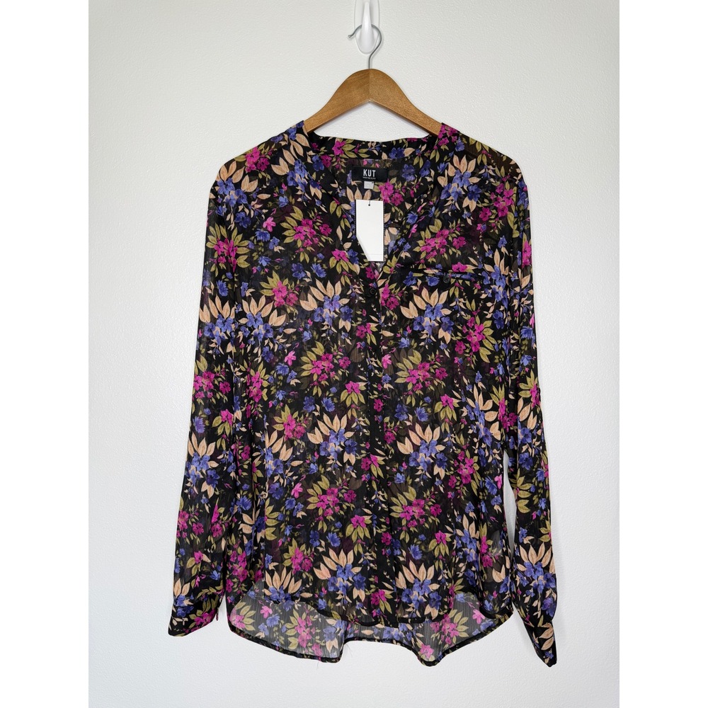 KUT From The Kloth Deep Sea Floral Sheer Blouse XL Roll Tab Boho - Picture 3 of 10